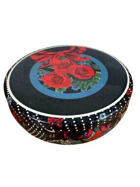 Vintage Nobel Hall Round  Tin Red Bow Roses Black Polka Dots Empty Cottagecore
